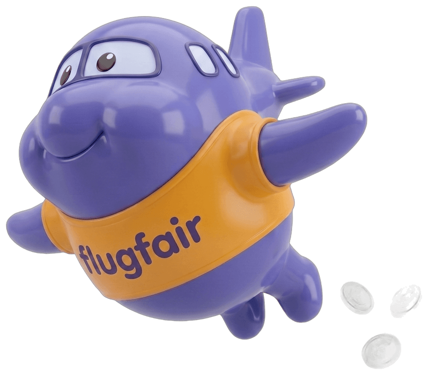 Flugfair-Maskottchen: ein freundliches Flugzeug im goldenen T-Shirt mit flugfair-Aufdruck fliegt heran, Euro-Münzen hinter sich
